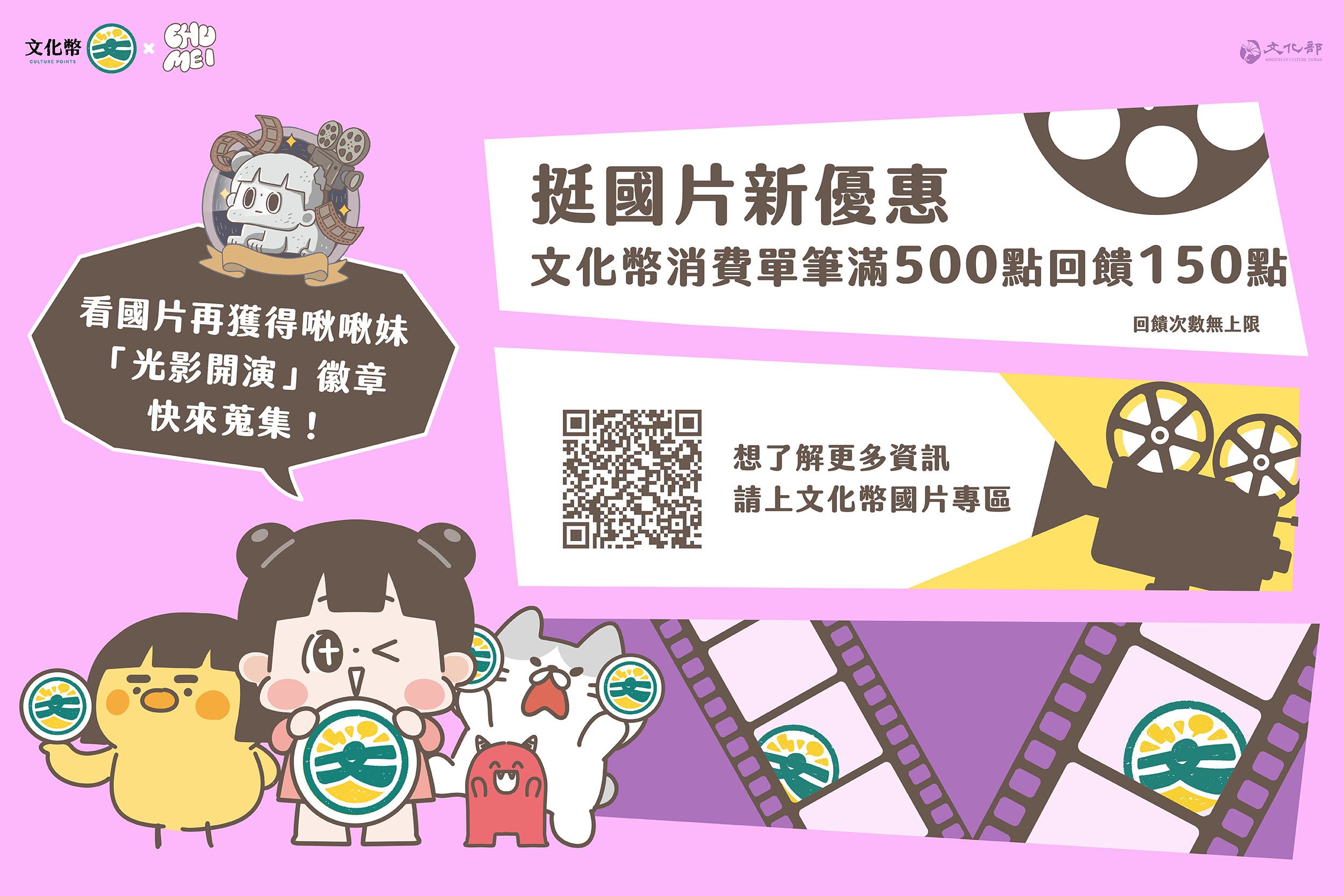 文化幣由第3季代言人「啾啾妹」帶著青少年進入博物館、文化場域及社造場域參與「暑期出任務」，並一同迎接下半年強檔國片，自8月1日起推出挺國片全新優惠方案，「消費滿500點，送150點回饋」。