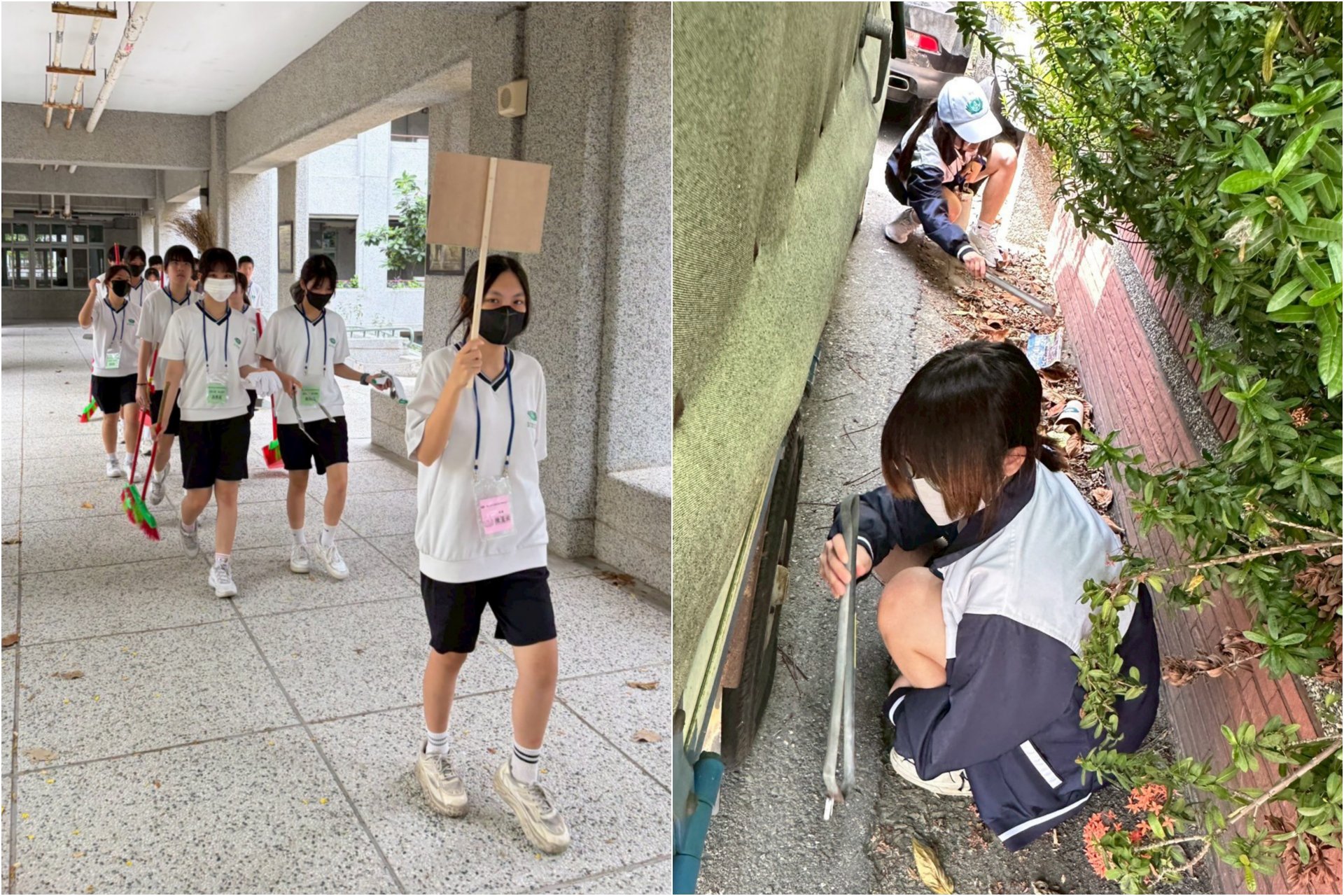 (左圖)臺南慈中各小隊精神抖擻地帶著掃具,隊伍整齊朝社區出發。(右圖)同學鑽入狹小巷弄,將藏於此的垃圾全數清出。