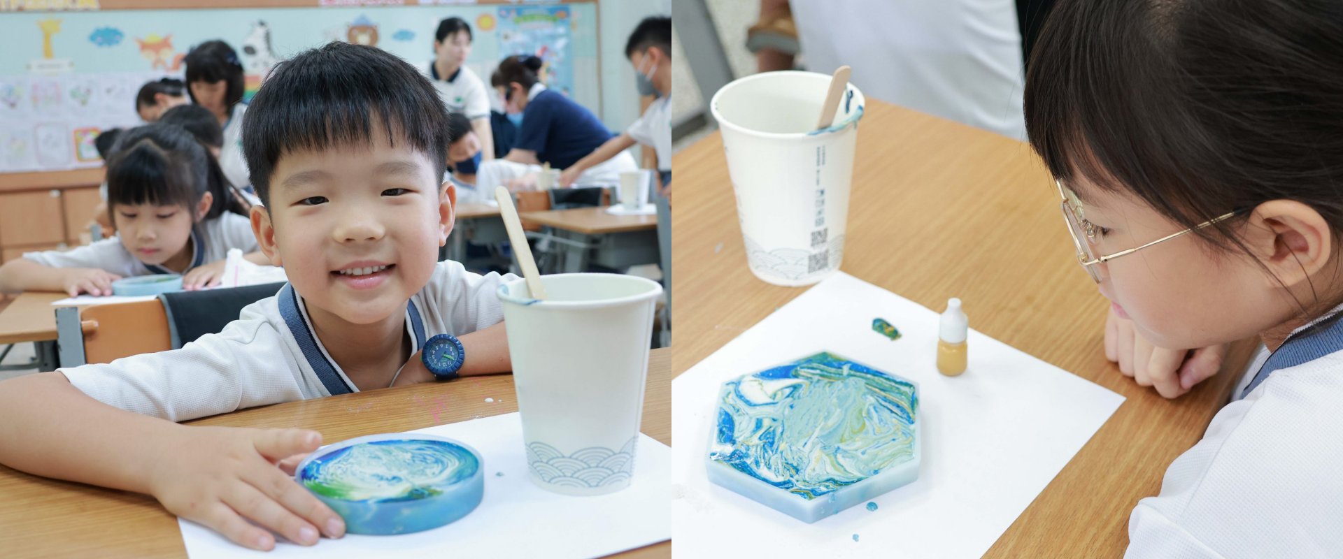 一年級同學開心地展示自己的作品(左圖)。細心觀察作品,流露出對創作的喜悅(右圖)。