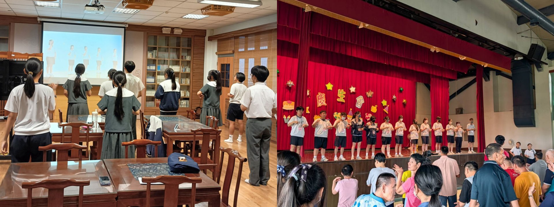 (左圖)隊輔學長、學姊早於活動當周,就利用中午的時間集合練習帶動跳曲目。(右圖)隊輔學長、學姊以輕快活潑的帶動跳曲目,帶動現場同學及院生動起來!