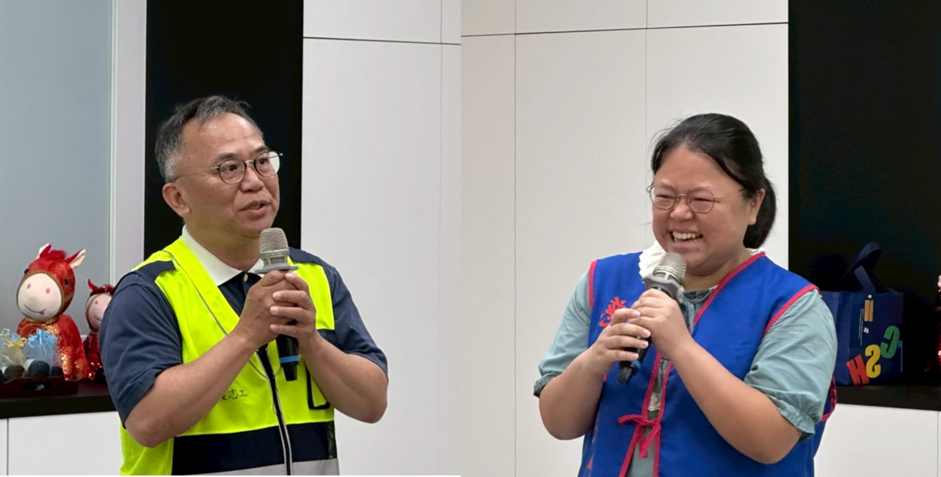 景文爸爸(左)分享志工服務讓自己廣結善緣;士純媽媽(右)表示,孩子喜愛閱讀是她最大的動力。