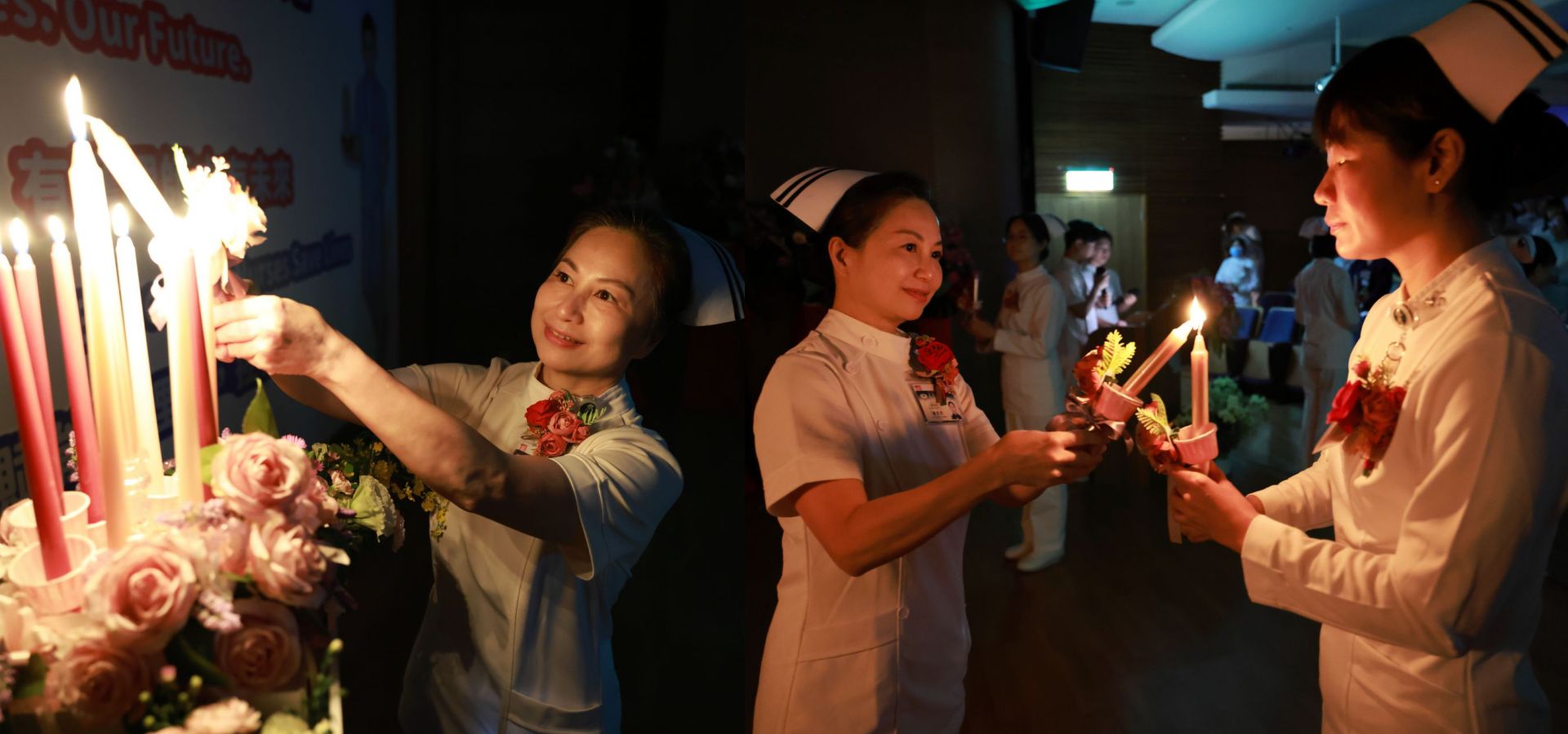 傳光儀式上花蓮慈院護理部主任鍾惠君，以及關山慈濟醫院護理科主任張筱蓓接續傳光，溫暖的燭光代表每一位護理師對生命的承諾。